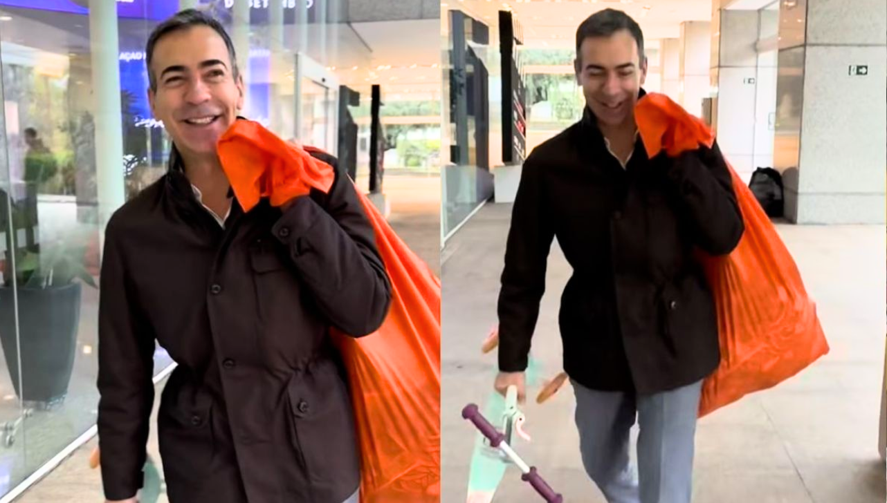 César Tralli doa saco de brinquedos aos colegas de trabalho